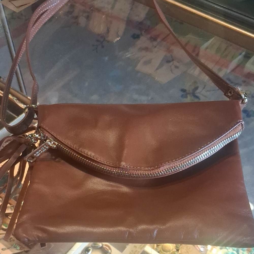 Brown Leather Crossbody Bag with Brass Accents